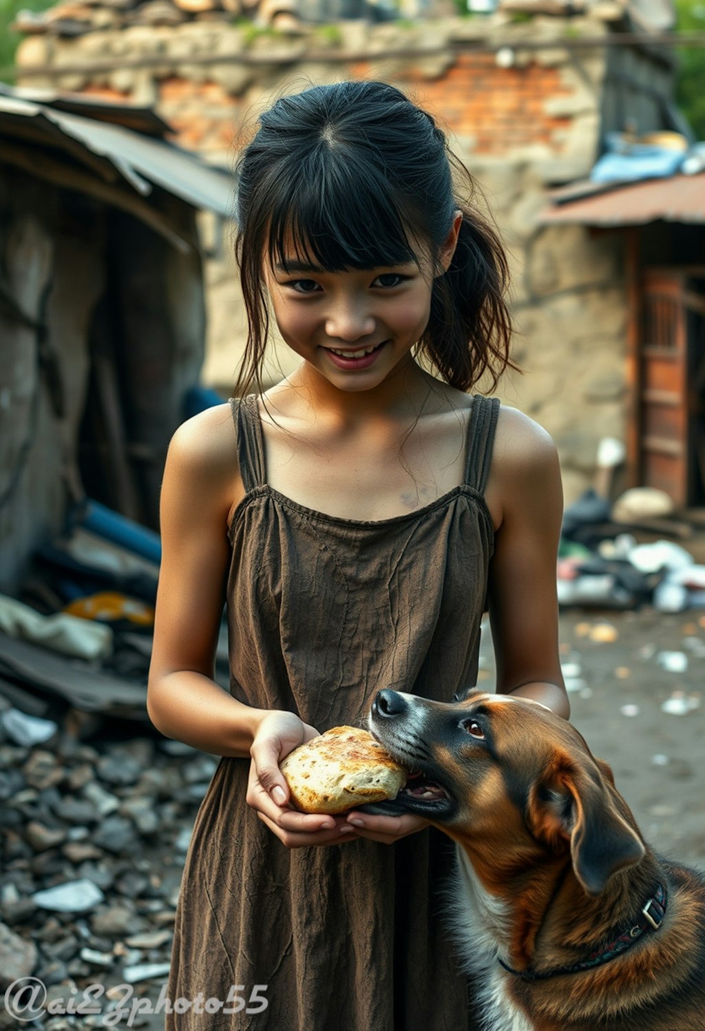 犬にエサをやる少女