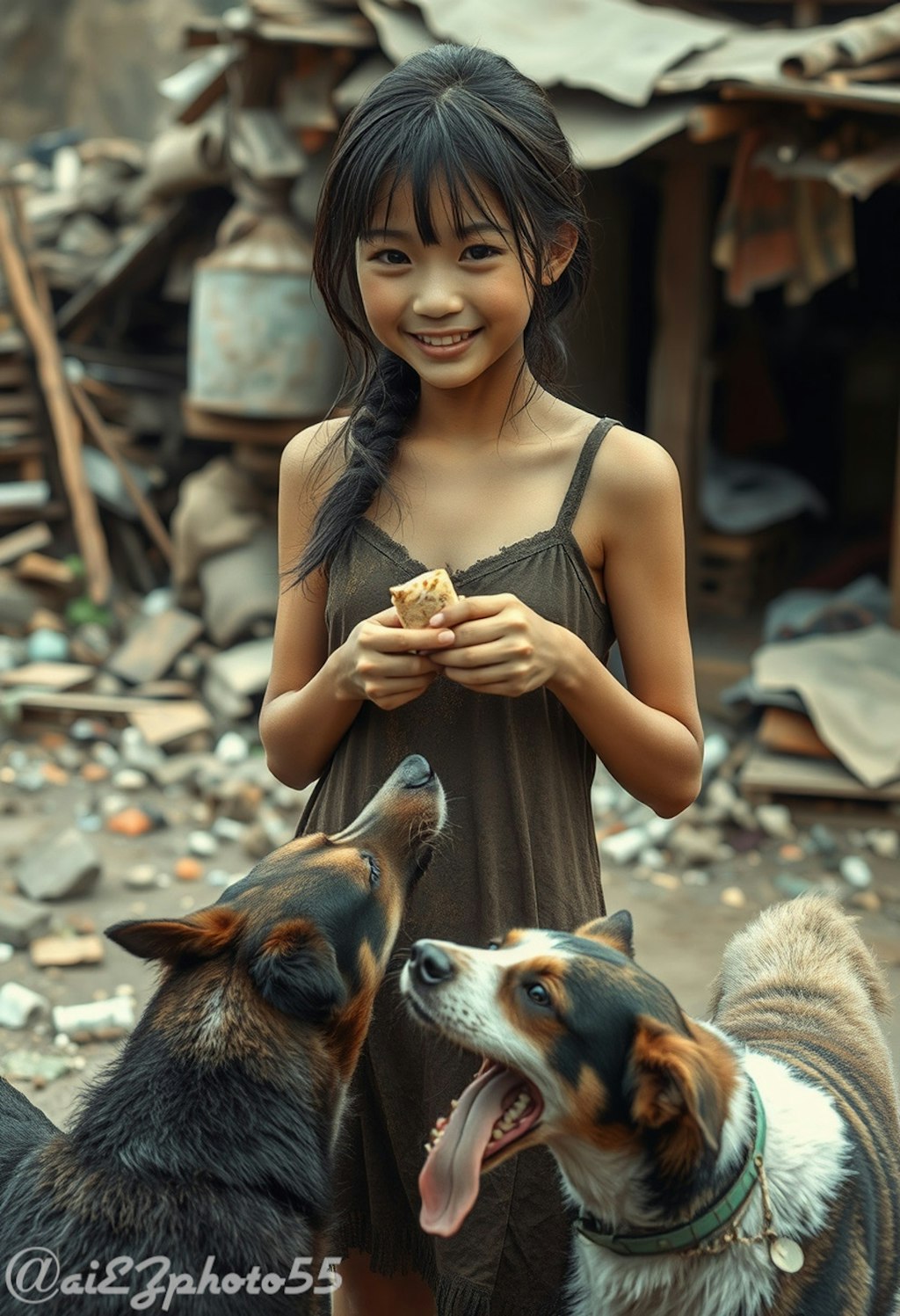 犬にエサをやる少女