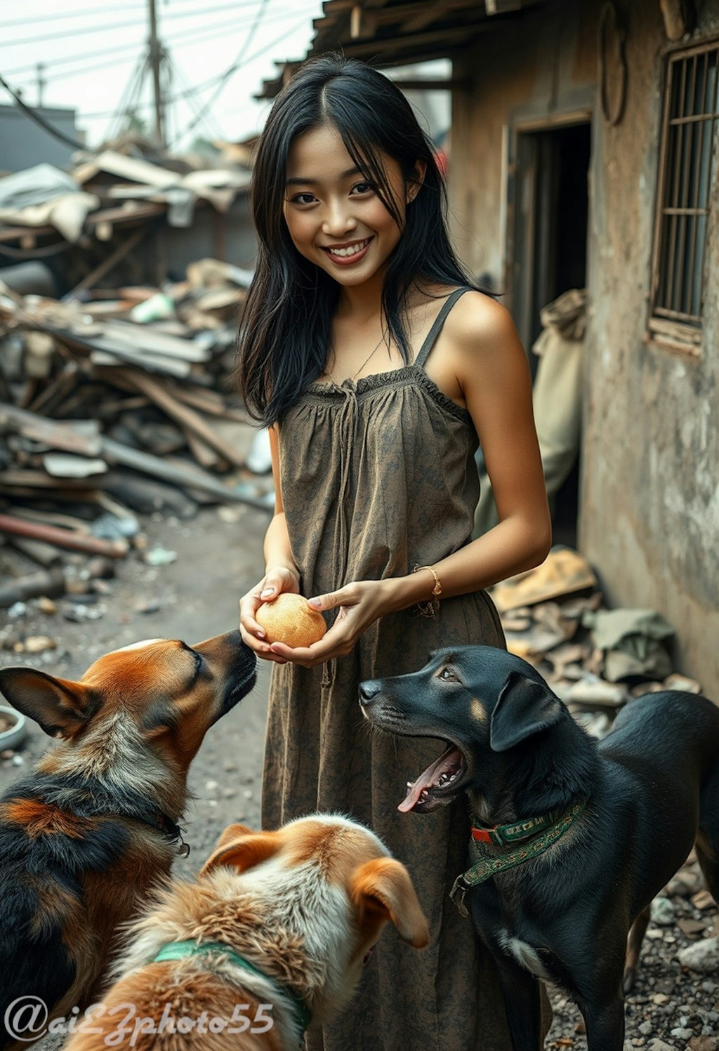 犬にエサをやる少女