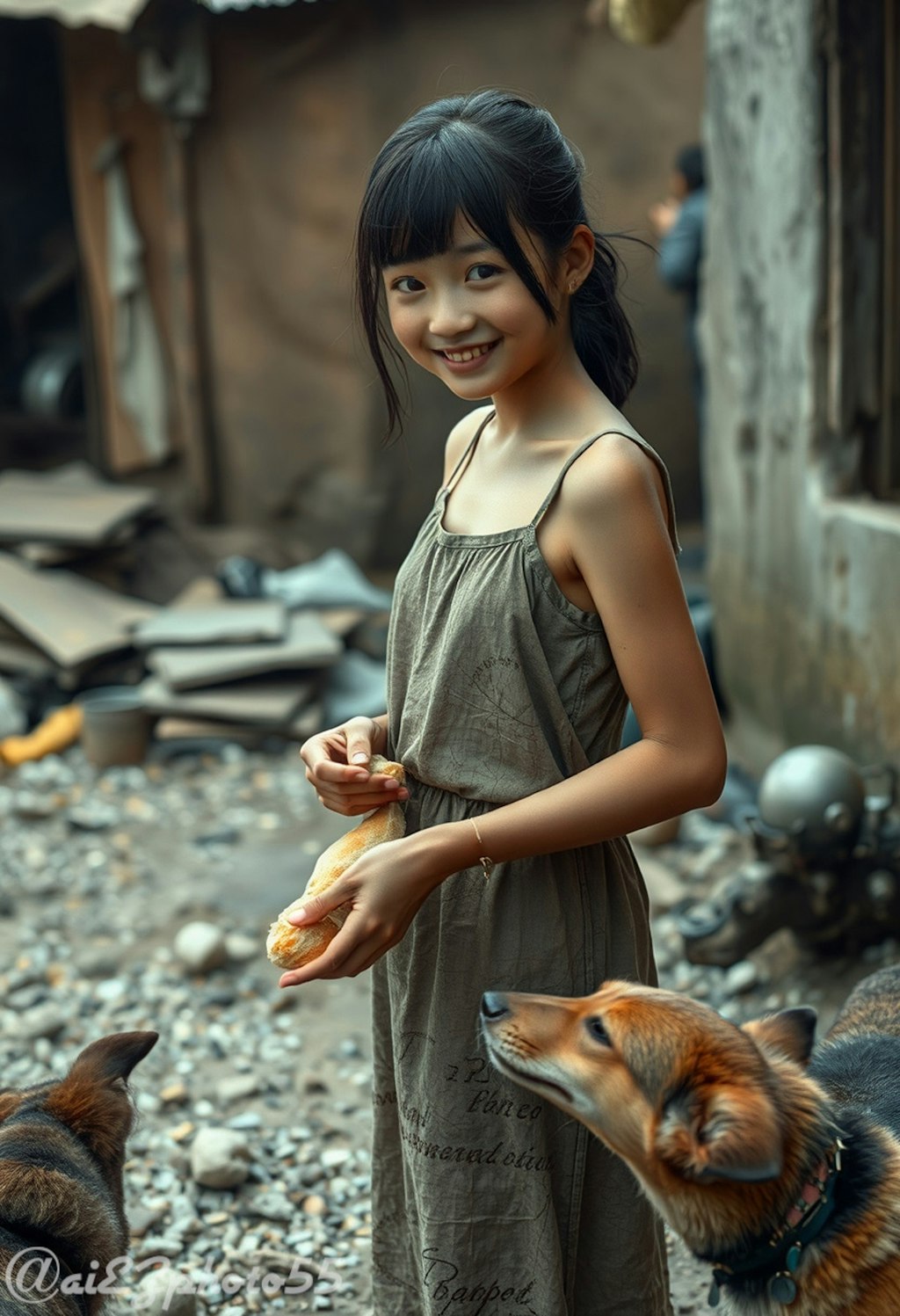 犬にエサをやる少女