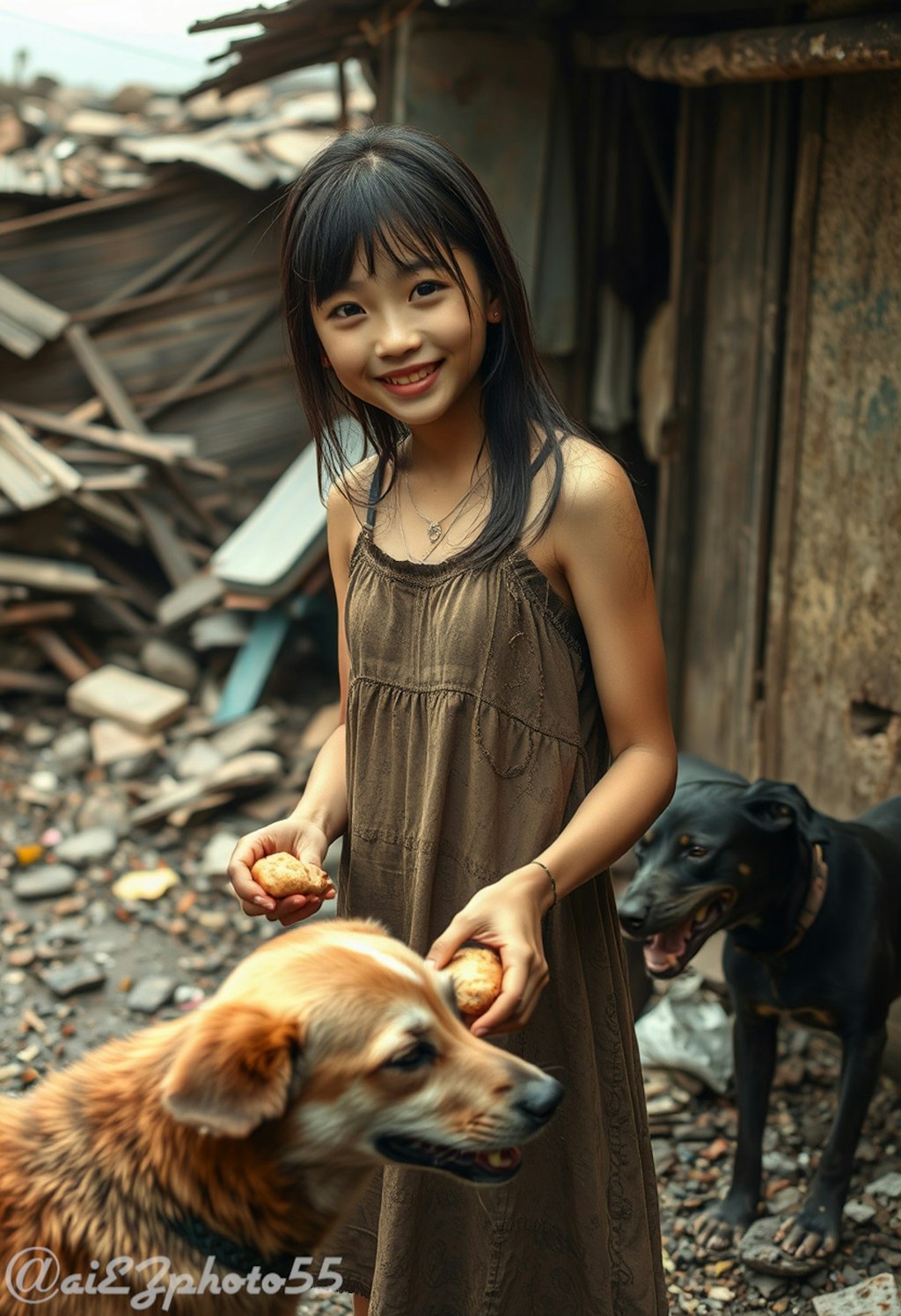 犬にエサをやる少女