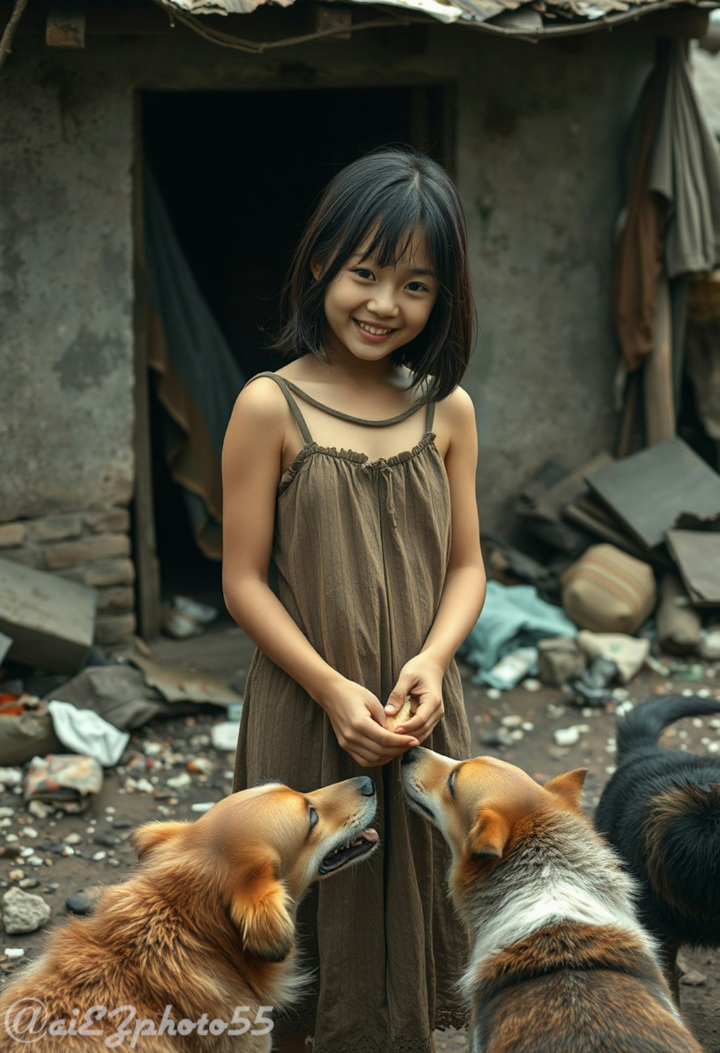 犬にエサをやる少女