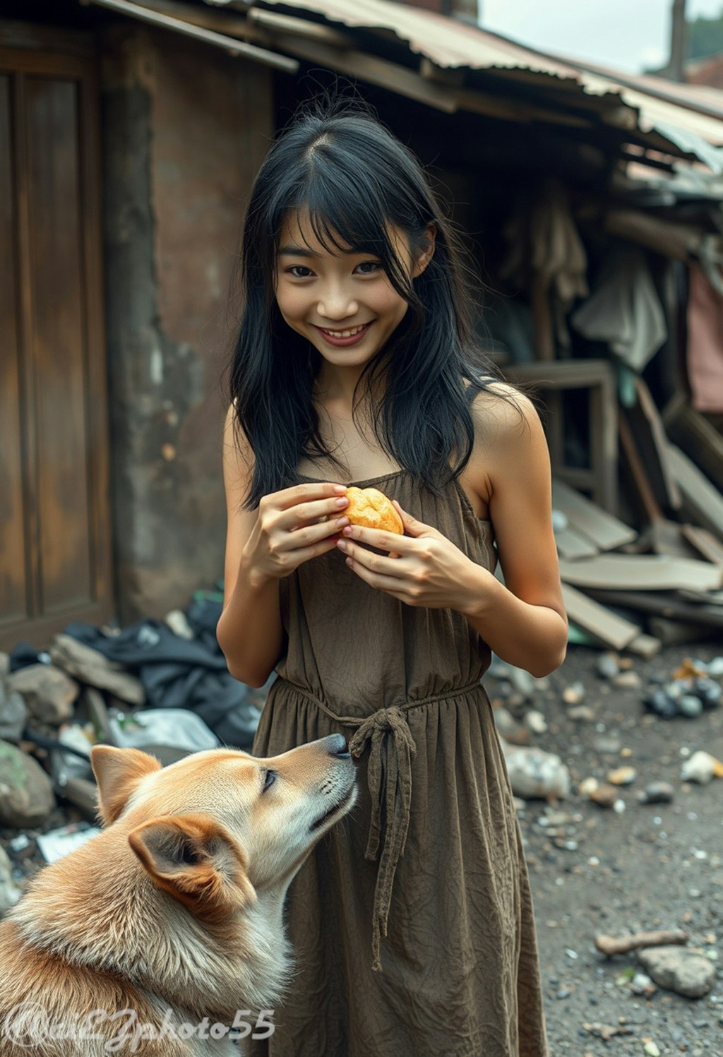 犬にエサをやる少女