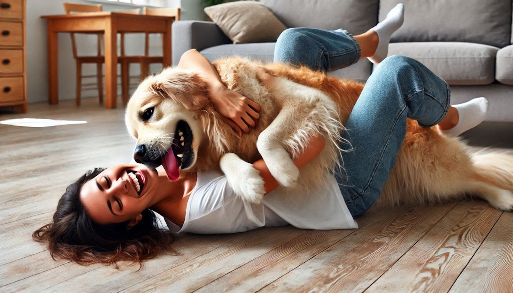 犬とたわむれる