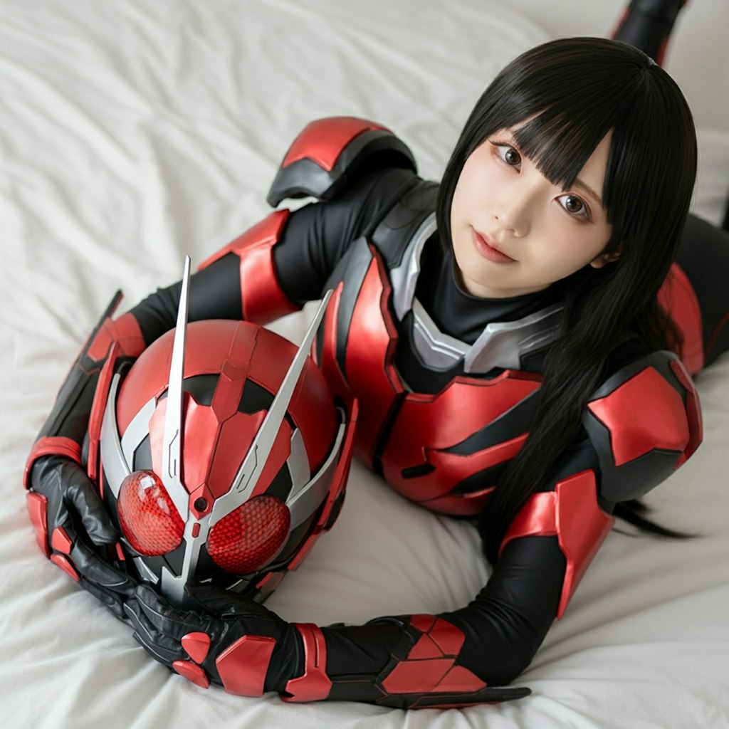 女性仮面ライダーonベッド