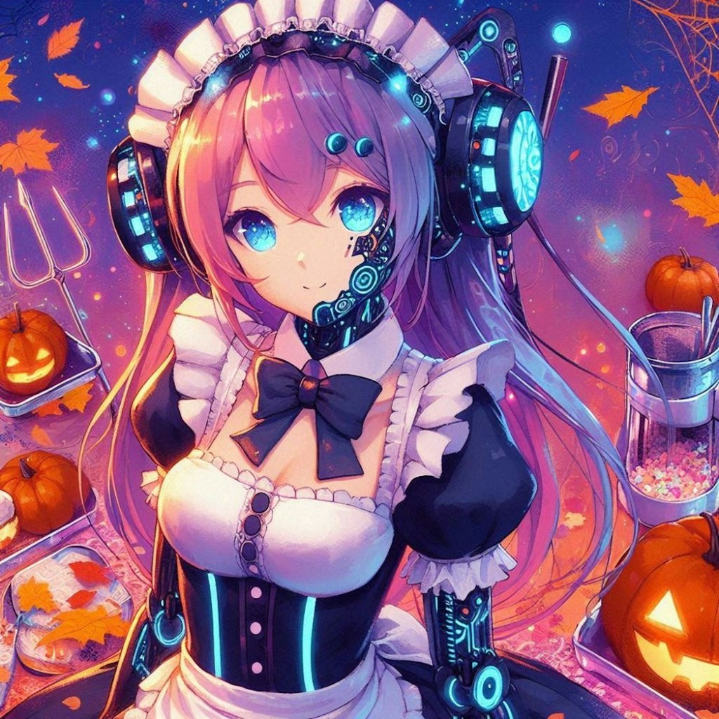 アクリルSF,ハーフアップの髪型のメイドロボ、ネオンメイド喫茶、秋、ハロウィン