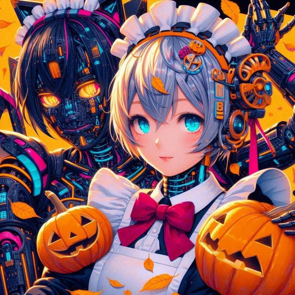 アクリルSF,ハーフアップの髪型のメイドロボ、ネオンメイド喫茶、秋、ハロウィン