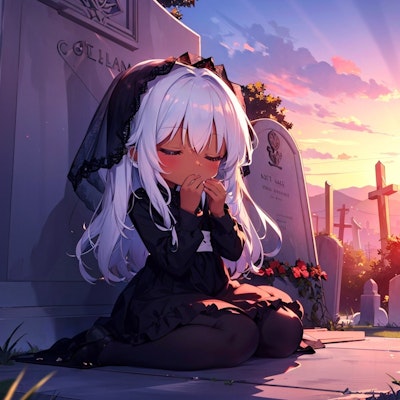 お墓の前で祈る少女