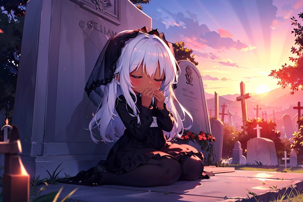 お墓の前で祈る少女