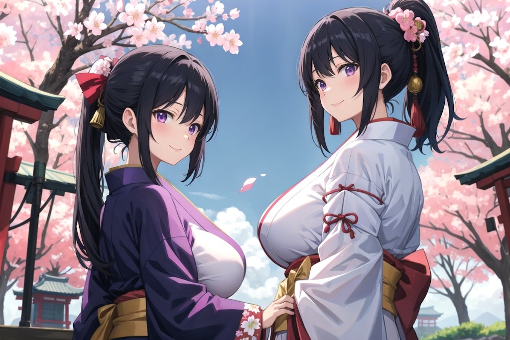 桜と着物ポニテ姉妹
