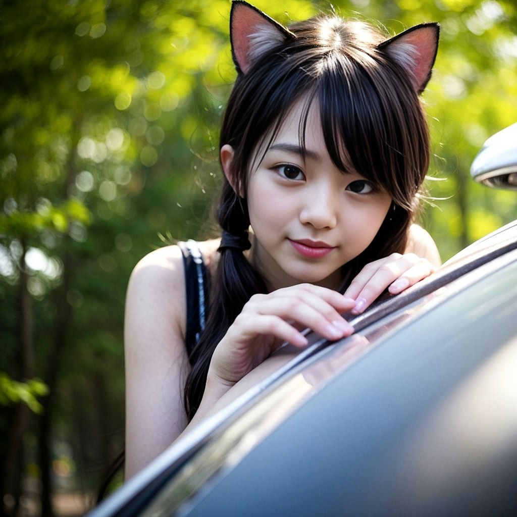 車の陰からこちらを覗く恥ずかしがり屋の猫耳娘たん