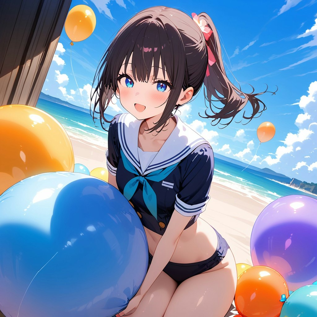 海の家いっぱいに風船を膨らませて遊ぶ黒髪ポニーテールのセーラー服の美少女