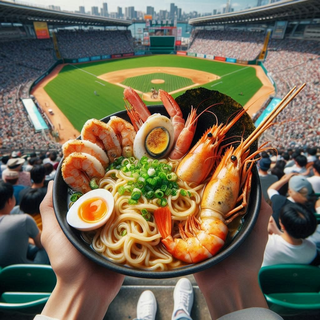 野球観戦で食べるseafood noodle