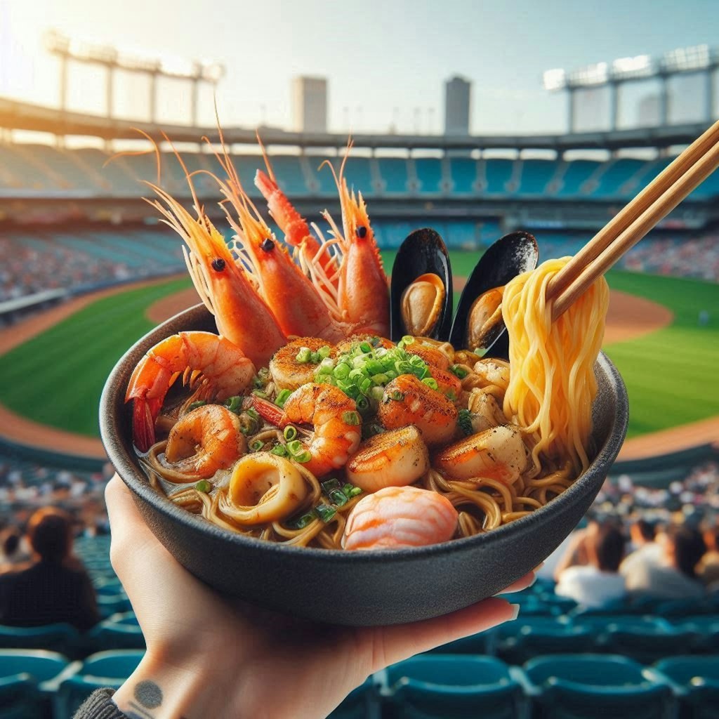 野球観戦で食べるseafood noodle