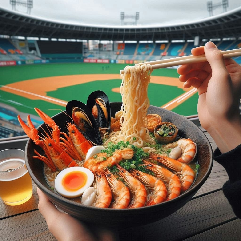 野球観戦で食べるseafood noodle