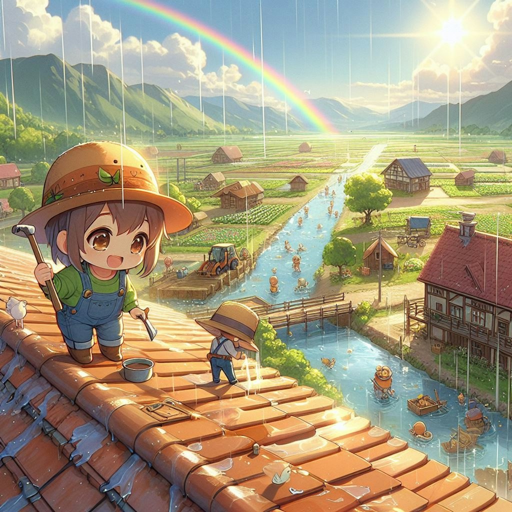 五月雨の晴れ間や屋根を治す音(ちびキャラ編)