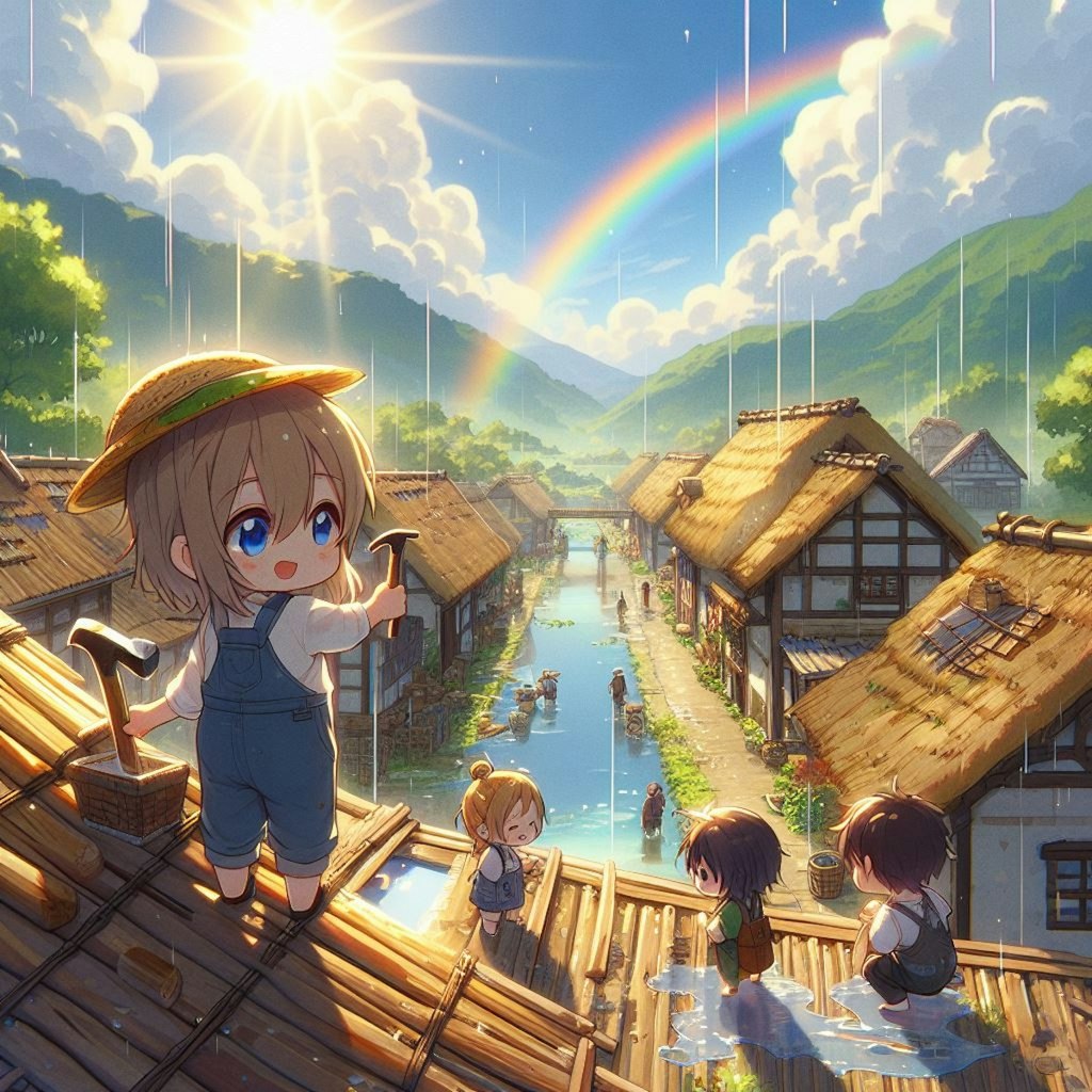 五月雨の晴れ間や屋根を治す音(ちびキャラ編)