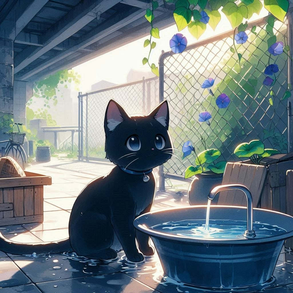 高架下でやすむ黒猫　アニメのイラスト