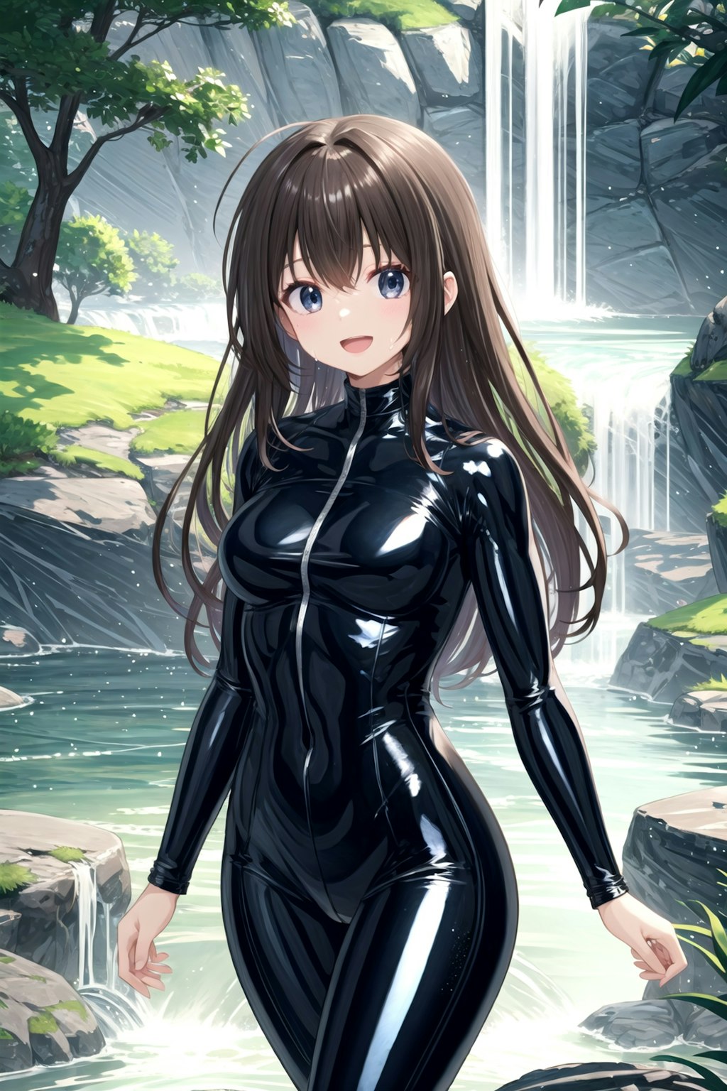 Catsuit and waterfall