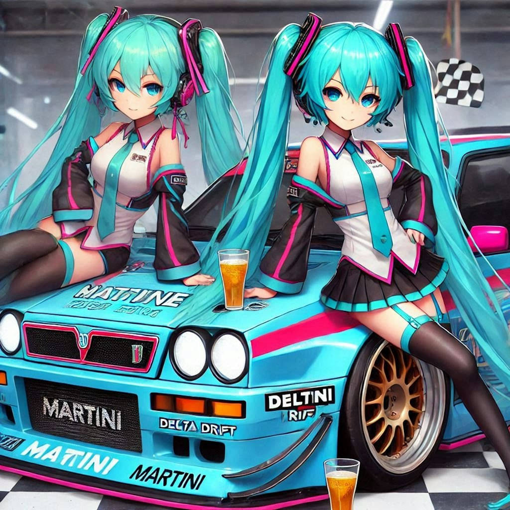 初音ミクキャラとMARTINIカラーランチアデルタラリーカー