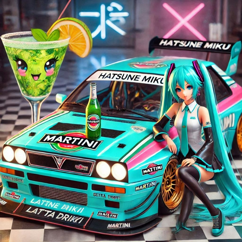 初音ミクキャラとMARTINIカラーランチアデルタラリーカー