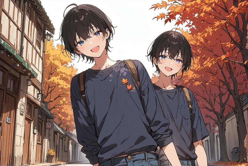 Twin brothers walking through an autumn street