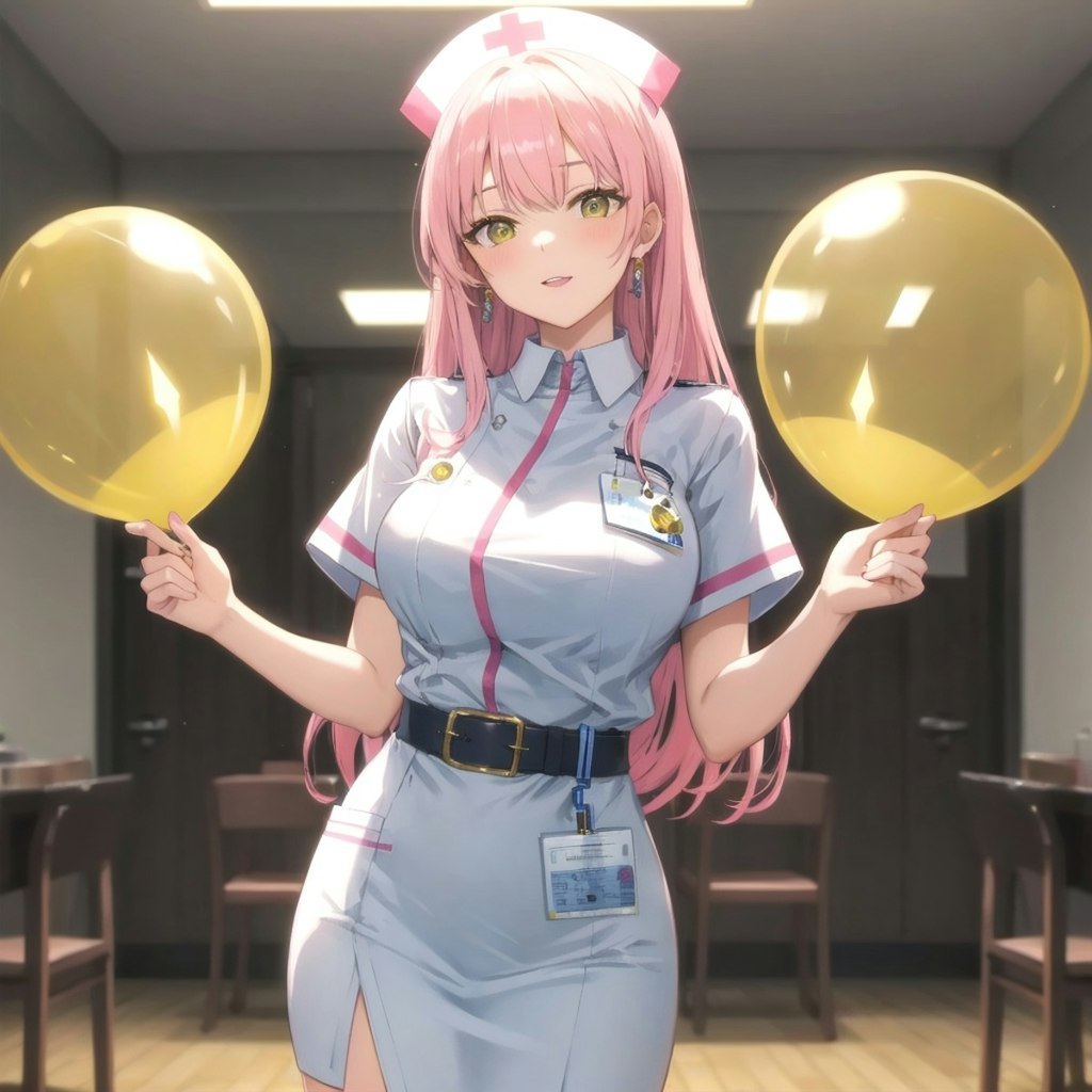 部屋の中で黄色い風船を持つピンク髪ロングのナース服の美女