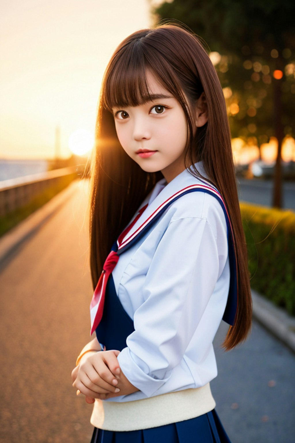 かわいいセーラー服の女の子　夕日