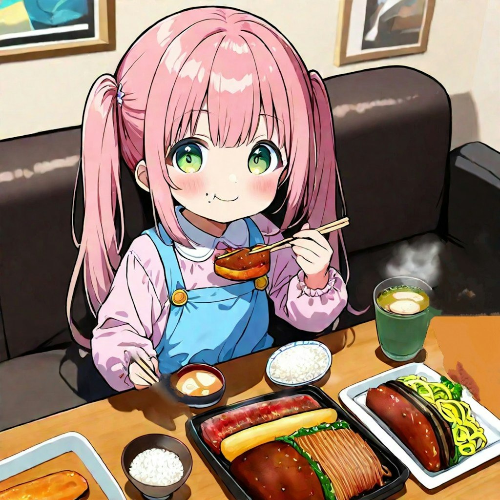 ハンバーグ定食を食べる小さな女の子