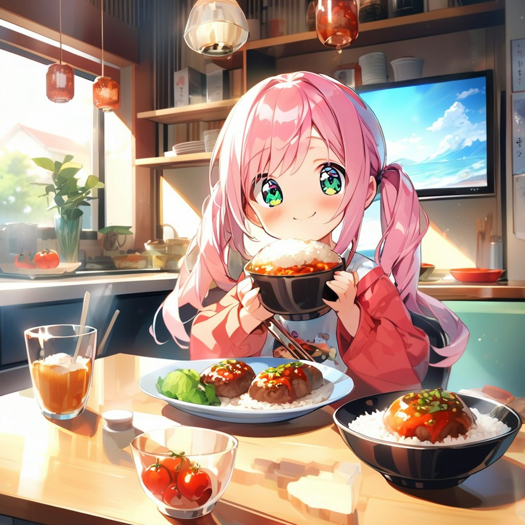 ハンバーグ定食を食べる小さな女の子