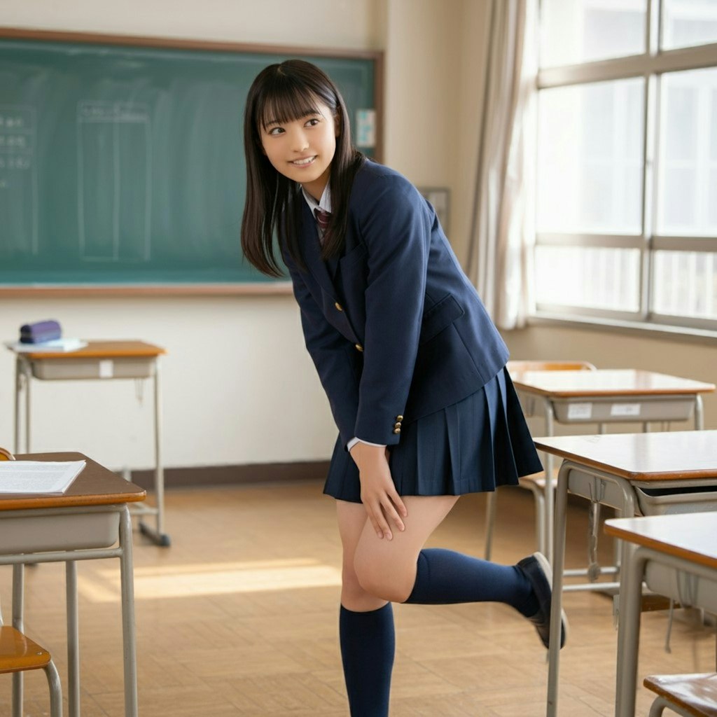 片足を上げている女学生