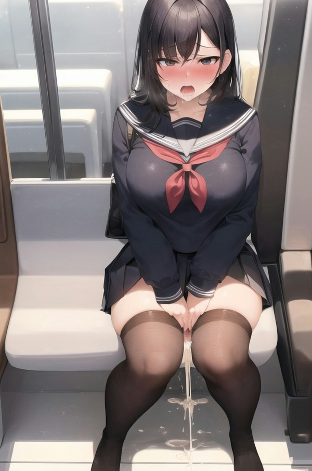 電車なうだけど向かいの席の女の子がおしっこ我慢できずにお漏らししちゃいました