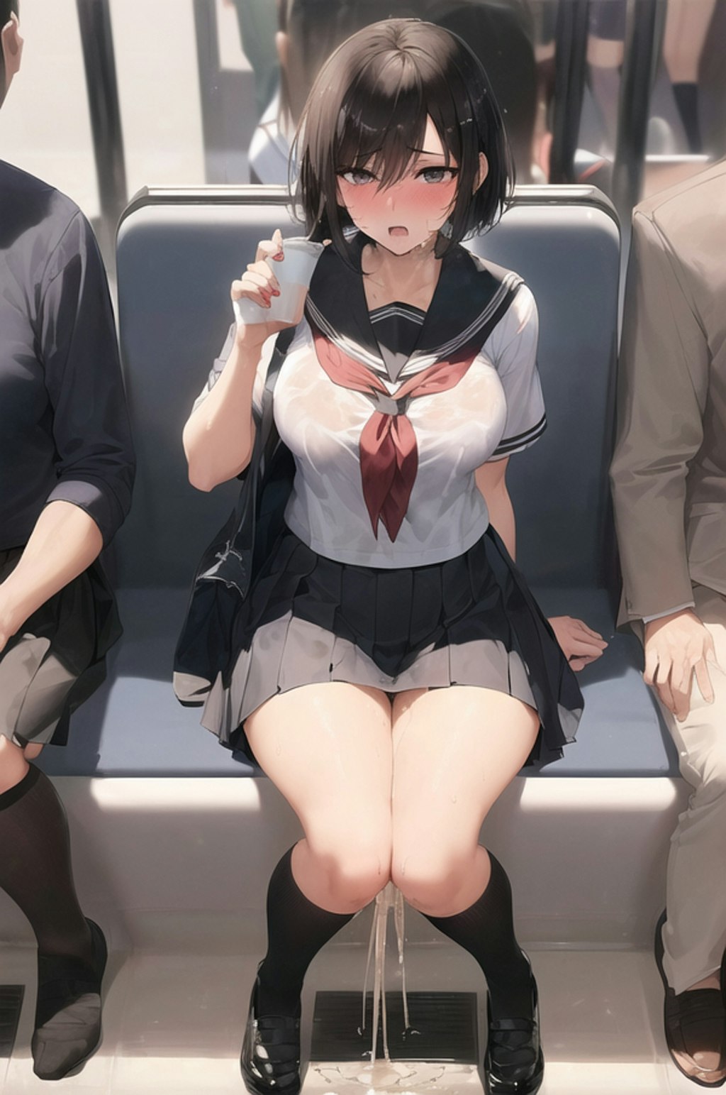 電車なうだけど向かいの席の女の子がおしっこ我慢できずにお漏らししちゃいました