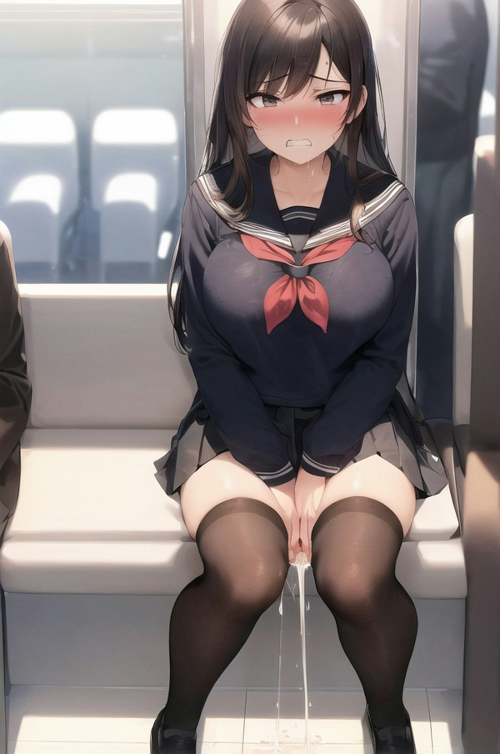 電車なうだけど向かいの席の女の子がおしっこ我慢できずにお漏らししちゃいました