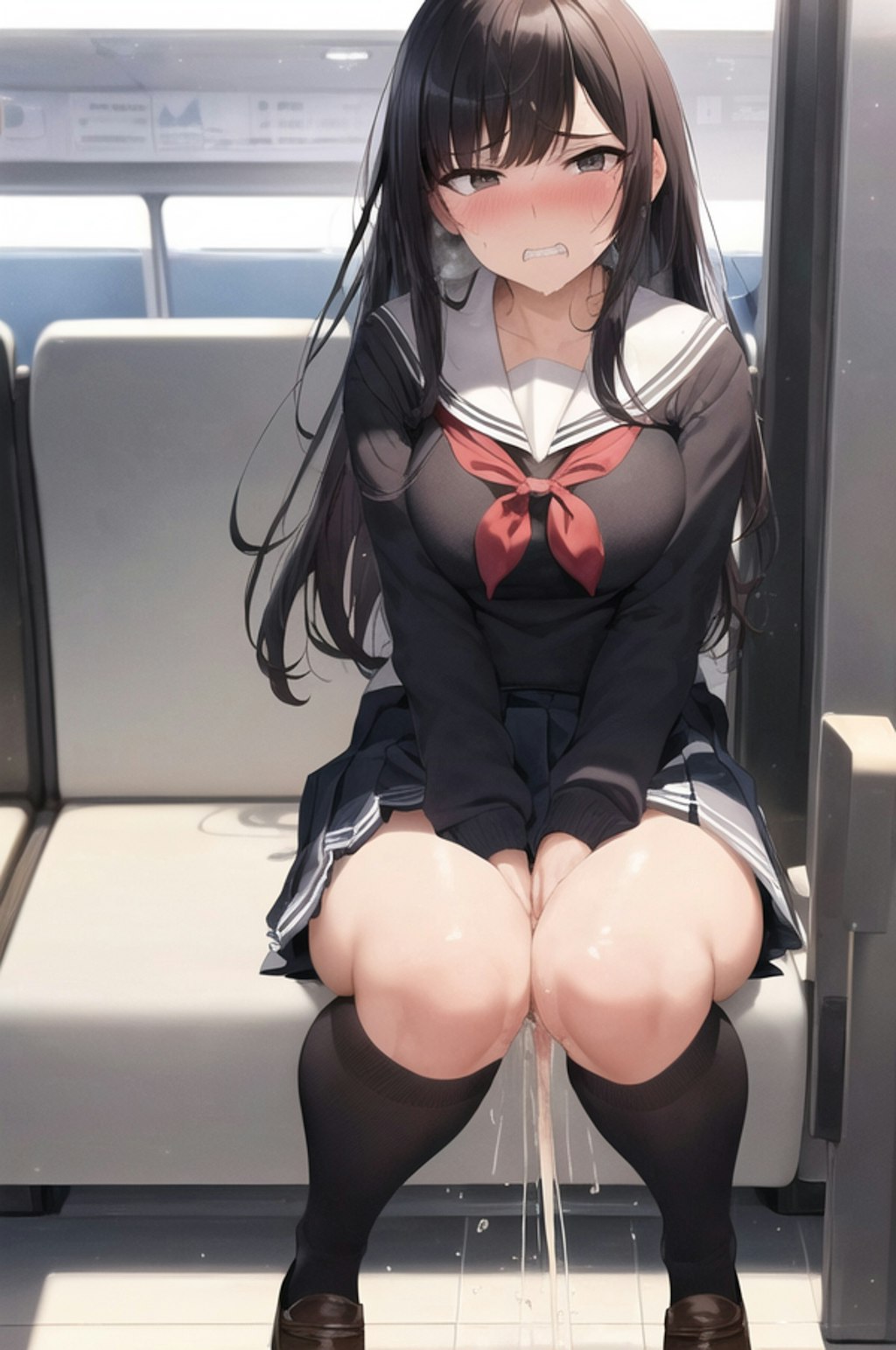 電車なうだけど向かいの席の女の子がおしっこ我慢できずにお漏らししちゃいました