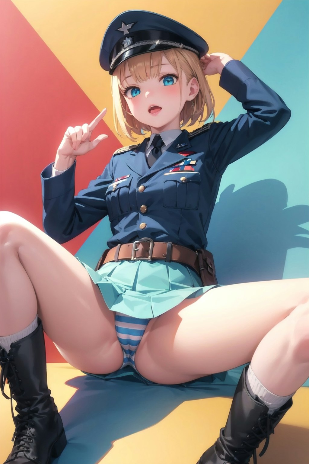 股を広げる縞パン軍服少女