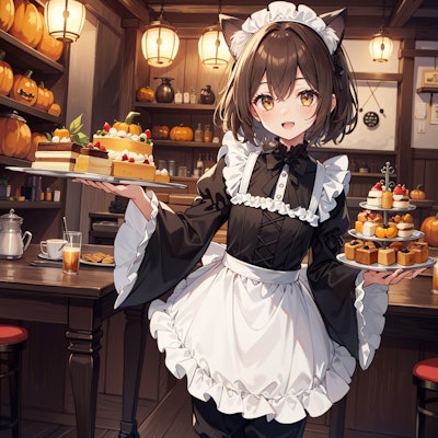 ハロウィンに季節のケーキを運ぶ喫茶店で働く猫娘
