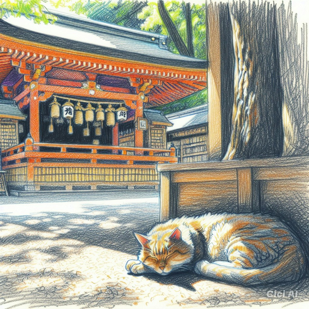 神社で昼寝する猫