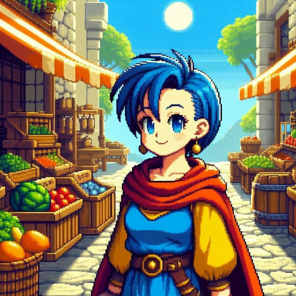 油絵アニメドット絵風古代ギリシャ市場で買い物勇者コスプレ人妻23歳＆商人
