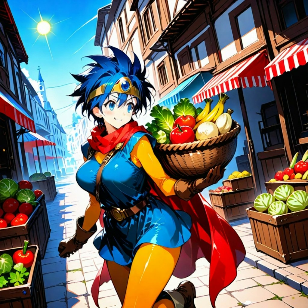 油絵アニメドット絵風古代ギリシャ市場で買い物勇者コスプレ人妻23歳＆商人