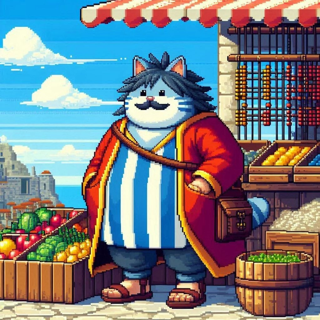 油絵アニメドット絵風古代ギリシャ市場で買い物勇者コスプレ人妻23歳＆商人