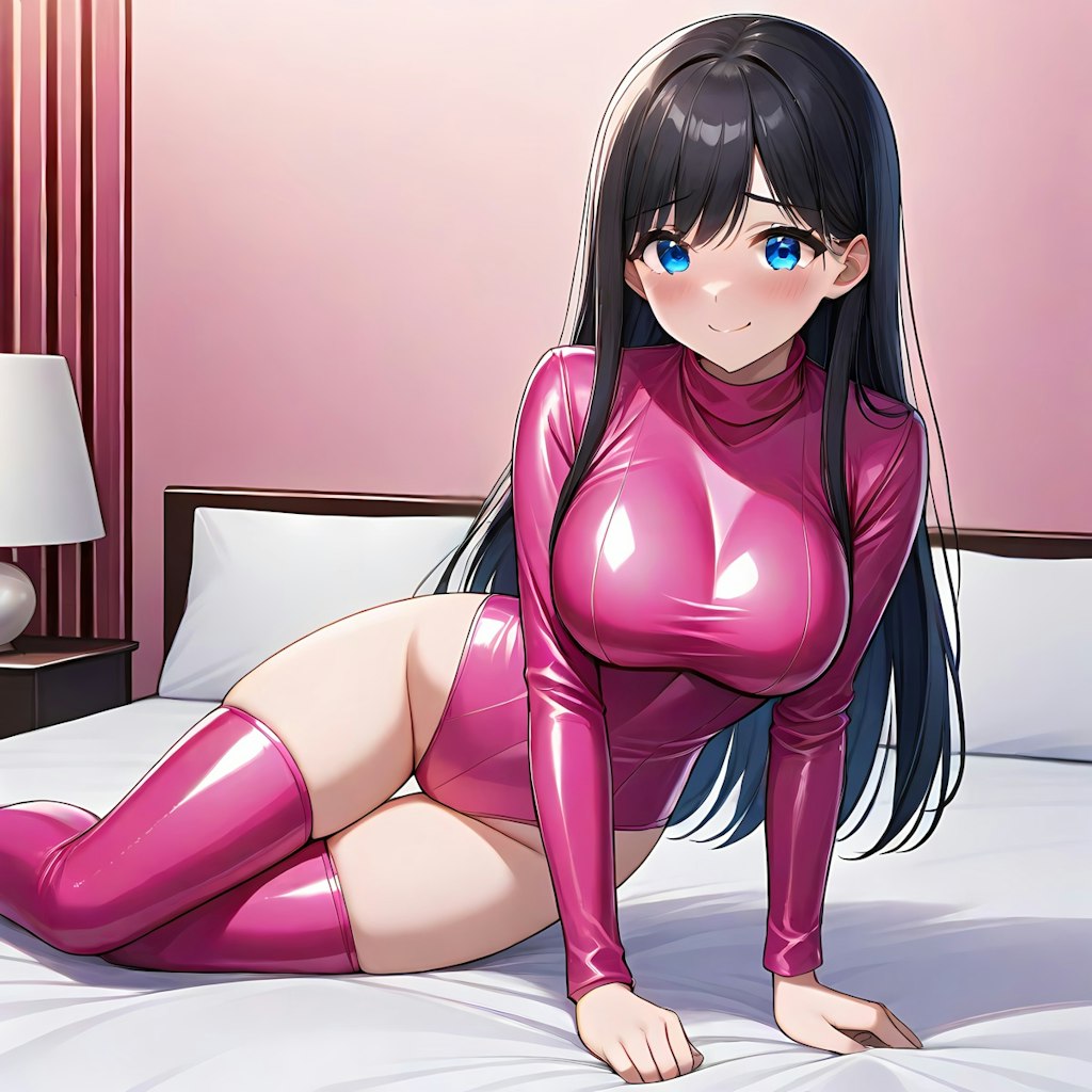 光沢ピンクレオタードサイハイソックス