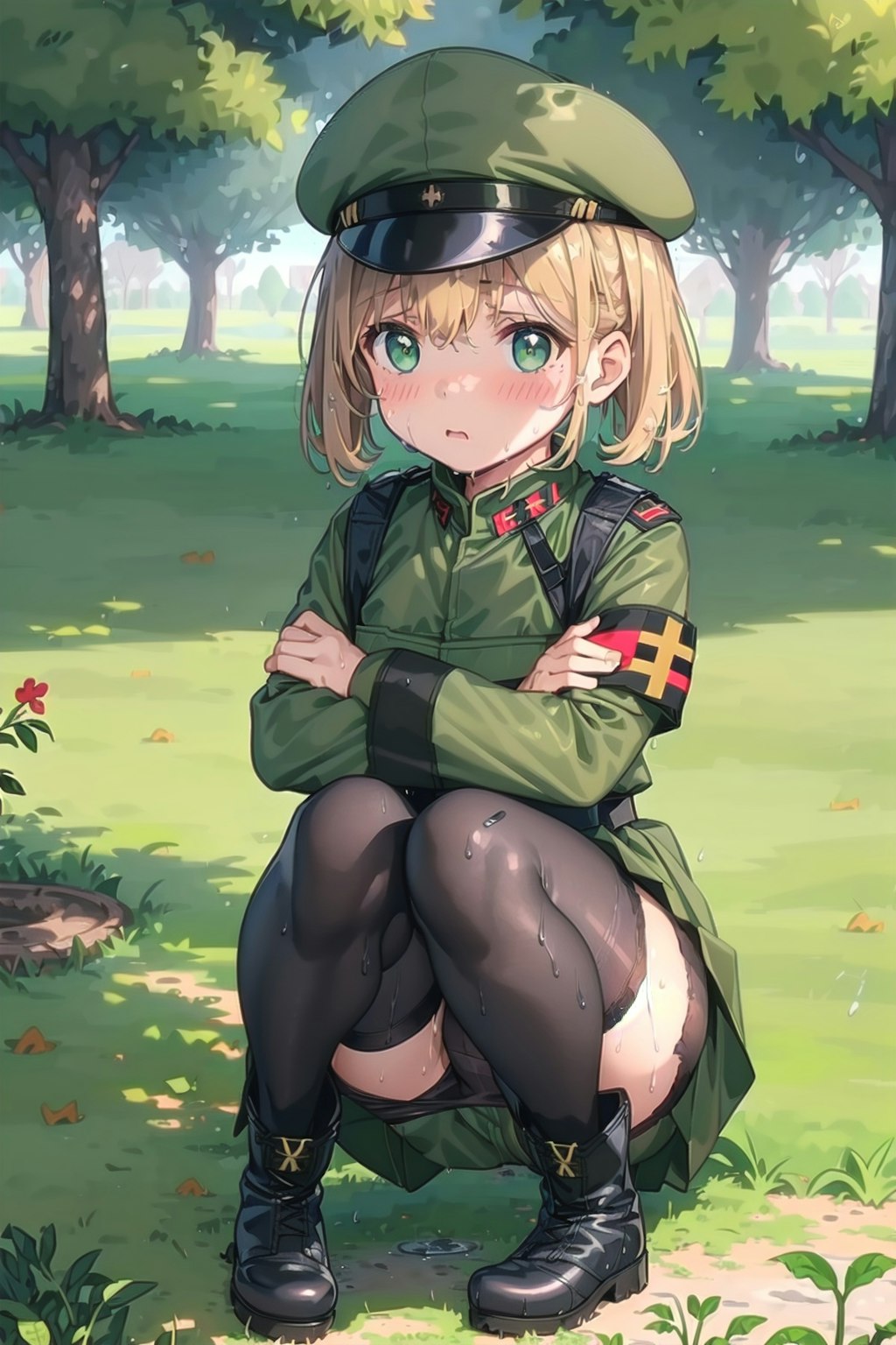 木陰でしゃがむ軍服幼女