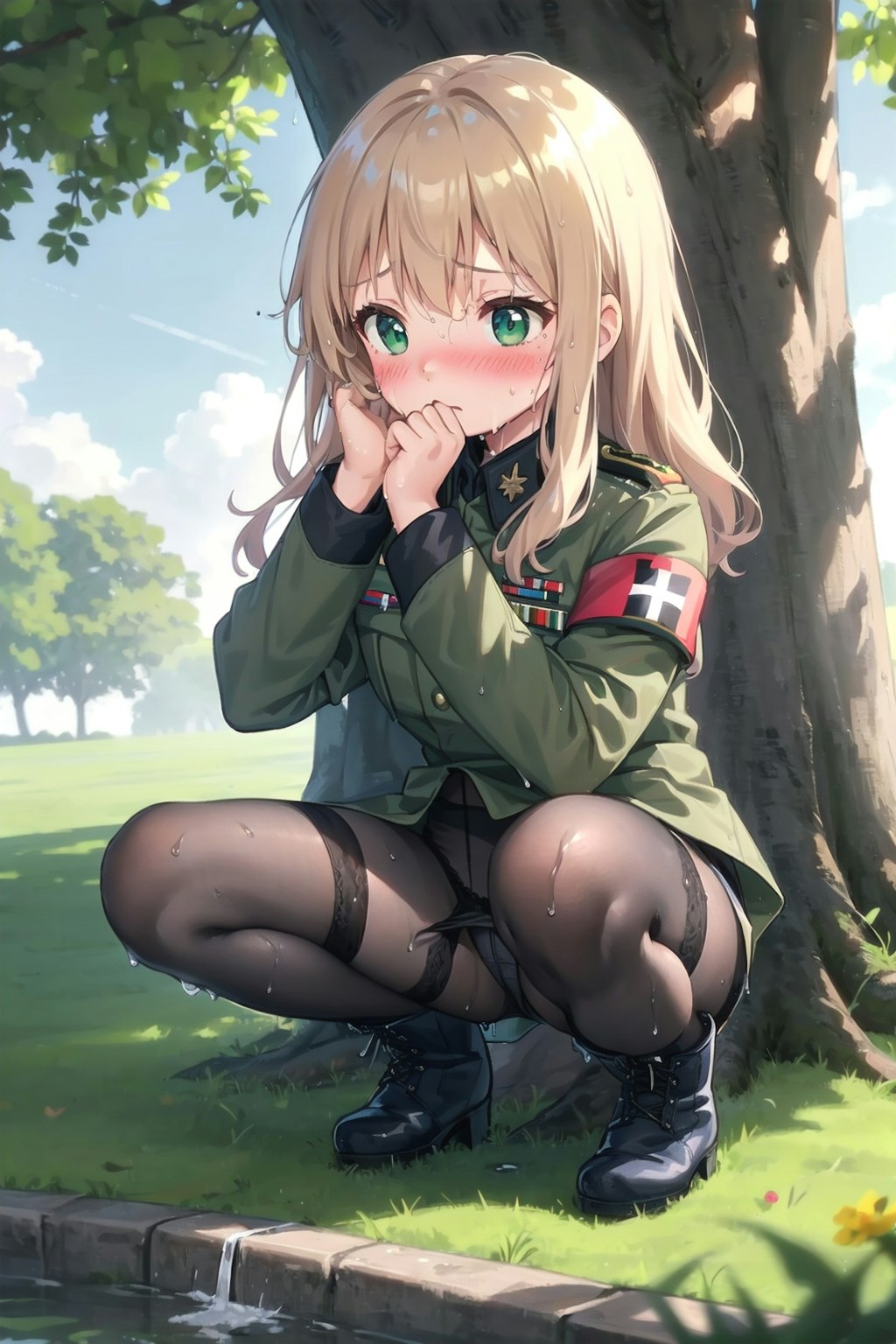 木陰でしゃがむ軍服幼女