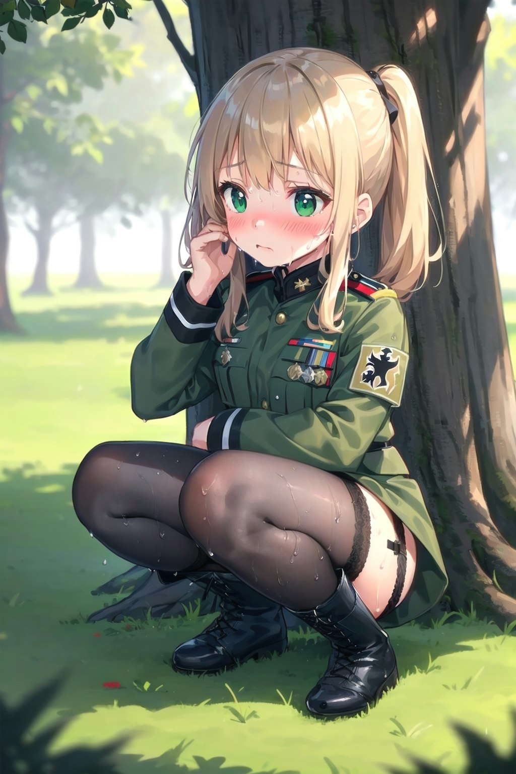 木陰でしゃがむ軍服幼女