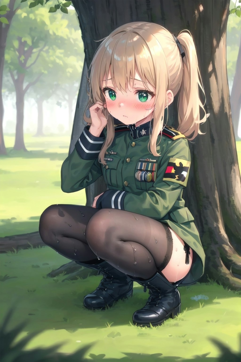 木陰でしゃがむ軍服幼女