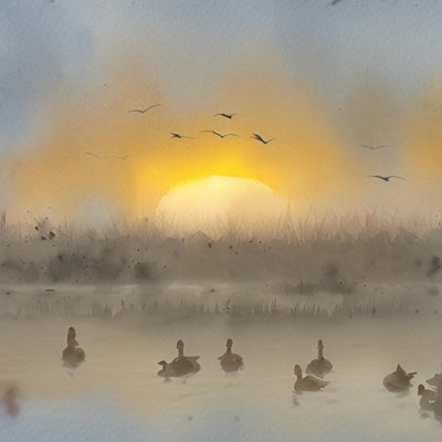 夕焼け霧の鴨群（1）