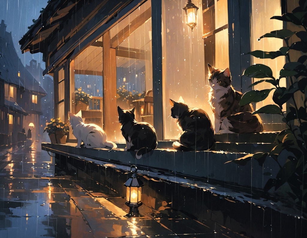 雨やどりの猫たち