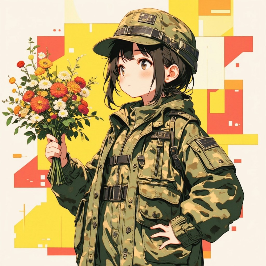 軍服と花束と女の子