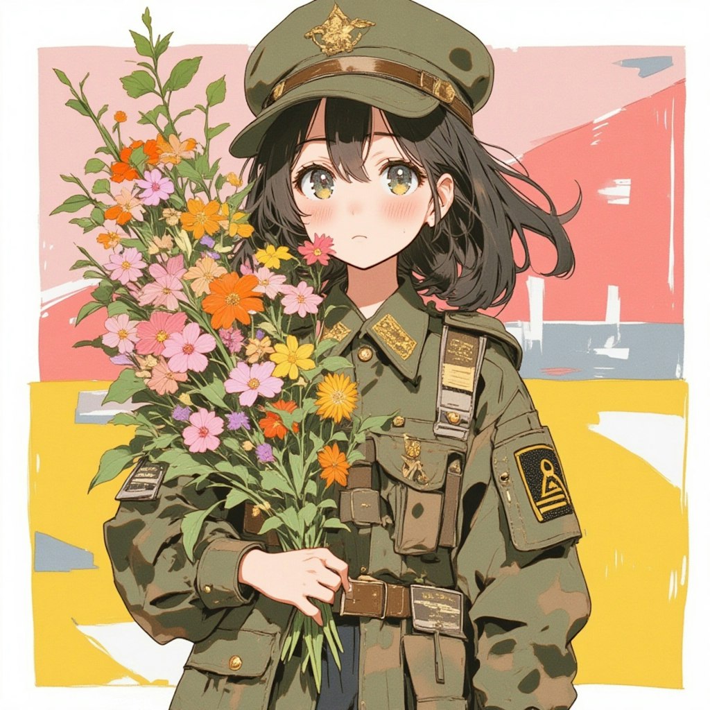 軍服と花束と女の子